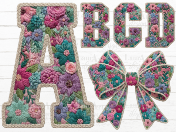 Download Faux Embroidery Floral Alphabet Bow PNG - Faux embroidery Collection