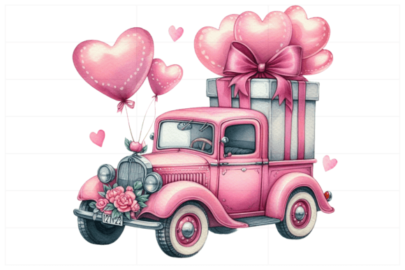 Download Pink Car with Large Gift, Heart Balloons - Premium Resources