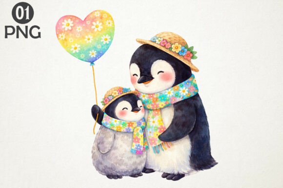 Download Cute Penguin Mom Baby Floral Clipart PNG - Clipart png Collection